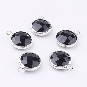 Silver Color Plated Brass Glass Flat Round Charms, Faceted, Black, 12x8.5x3mm, Hole: 1.5mm