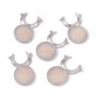 Natural Rose Quartz Connector Charms, Cattle Head Links with Star, with Rack Plating Platinum Tone Brass Findings, Cadmium Free & Lead Free, 47.5x31.5x5mm, Hole: 2mm