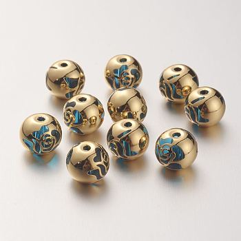 K9 Glass Beads, Covered with Brass, Round with Rose Pattern, Real 22K Gold Plated, Deep Sky Blue, 10.2x9.2mm, Hole: 1.5mm