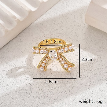 Elegant Brass Clear Cubic Zirconia Bowknot Ring, with Plastic Imitation Pearls for Women, Golden, US Size 8(18.1mm)