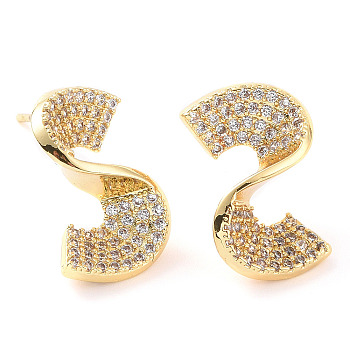 Clear Cubic Zirconia Twist Stud Earrings, Brass Jewelry for Women, Real 18K Gold Plated, 11.5x11mm, Pin: 0.6mm