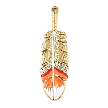 304 Stainless Steel Enamel with Rhinestone Big Pendants, Feather Charms, PVD Vacuum Plating, Real 18K Gold Plated, 51x15.5x3mm, Hole: 1.4mm