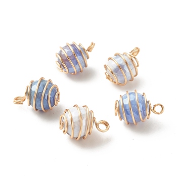 Electroplated Natural Agate Penndants, with Copper Wire Wrapped, Golden, Faceted Round, Steel Blue, 18x13mm, Hole: 2~2.5mm