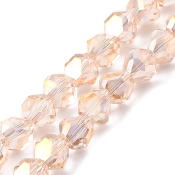 Transparent Electroplate Glass Beads Strands, Faceted, Triangle, PeachPuff, 8~9x8.5~9x8.5~9mm, Hole: 1.5mm, about 50pcs/strand, 16.69''(42.4cm)