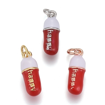 Brass Enamel Pendants, with Jump Rings, Long-Lasting Plated, Pill Bar Shape with Word Happy, Red, Mixed Color, 17x6mm, Hole: 3mm