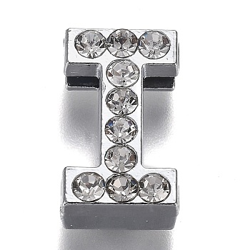 Alloy Letter Slide Charms, with Crystal Rhinestone, Cadmium Free & Lead Free, Platinum, Letter.I, 20x11.5x6.5mm, Hole: 3x18mm