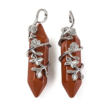 Natural Red Jasper Double Terminal Pointed Pendants, Brass Flower Wrapped Faceted Bullte Charms, Platinum, 50x12x15mm, Hole: 9x5mm