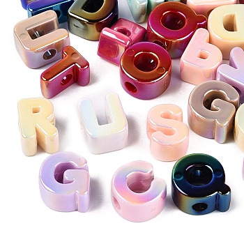 UV Plating Opaque Acrylic European Beads, Large Hole Beads, Iridescent, Alphabet, Mixed Color, 6~23x19.5~20.5x13~14mm, Hole: 5.5~6mm, about 179pcs/500g