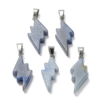 Natural Blue Aventurine Pendants, Lightning Bolt Charms with Stainless Steel Color Plated 201 Stainless Steel Snap on Bails, 31~33x13~14x5mm, Hole: 7.5x4.5mm