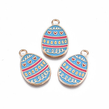 Alloy Enamel Pendants, Light Gold, Cadmium Free & Lead Free, Easter Egg Shape with Heart, Cornflower Blue, 22x14x1.5mm, Hole: 2mm
