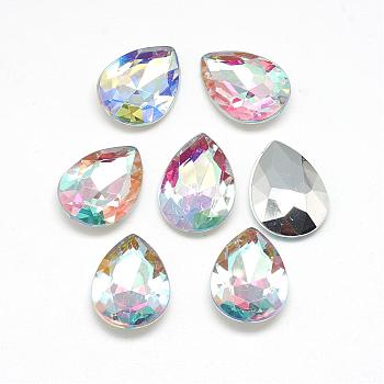 Acrylic Rhinestone Pointed Back Cabochons, Faceted, Bottom Silver Plated, AB Color, teardrop, Clear AB, 18x13x4.5~4.8mm