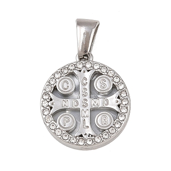 303 Stainless Steel Pendants, Flat Round with Saint Benedict Cross Charms, with Rhinestone & Enamel, Stainless Steel Color, 18.5x16x3mm, Hole: 5.4x2.8mm