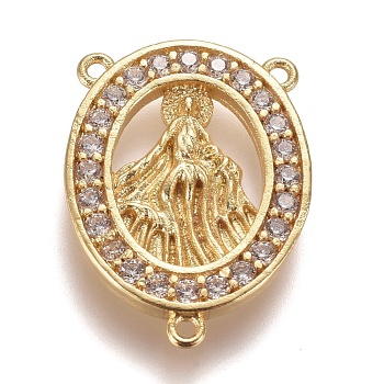 Brass Micro Pave Clear Cubic Zirconia Chandelier Component Links, Oval with Virgin Mary, Golden, 22x16x2mm, Hole: 1mm