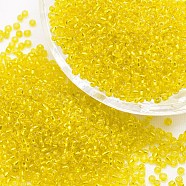 6/0 Transparent Glass Round Seed Beads, Grade A, Silver Lined, Yellow, 3.6~4.0mm, Hole: 1.2mm, about 5000pcs/pound(SEED-J010-F6-30)