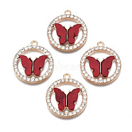 Alloy Rhinestone Pendants, with Acrylic, Cadmium Free & Lead Free, Ring with Butterfly, Light Gold, Red, 24.5x22x3.5mm, Hole: 1.6mm(X1-PALLOY-S183-001E-RS)