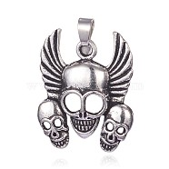 Tibetan Style Alloy Pendants, Skull with Wing, Antique Silver, 33.5x27x4.5mm, Hole: 4x5mm(PALLOY-G117-25AS)