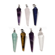 Natural Mixed Stone Pointed Pendants, Faceted Cone Charms with Platinum Plated Barss Snap on Bails, 35~35.5x8~8.5mm, Hole: 6.5x4mm(G-D089-01P)