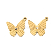 Ion Plating(IP) 304 Stainless Steel Pendants, Crystal Rhinestone, Cutting Corrosion Process, Butterfly, Golden, 14x16x2mm, Hole: 1.2mm(STAS-S135-09G)