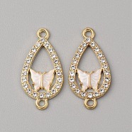 Alloy Enamel Connectors Charms, Teardrop Links with Butterfly, with Crystal Rhinestone, Light Gold, White, 26.5x13x2mm, Hole: 1.8mm(ENAM-TAC0016-06C)
