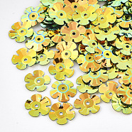 Ornament Accessories, PVC Plastic Paillette/Sequins Beads, Flower, Goldenrod, 9~9.5x9~9.5x1mm, Hole: 1mm, about 20000pcs/500g(PVC-S033-09B)