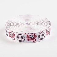 Single Face Word Soccer with Football Printed Polyester Grosgrain Ribbons, White, 1 inch(25mm), 0.4mm(SRIB-P019-05)