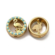 Alloy Beads, with Synthetic Turquoise, Flat Round with Flamingo, Golden, 12x5mm, Hole: 1.6mm(PALLOY-F290-08G)