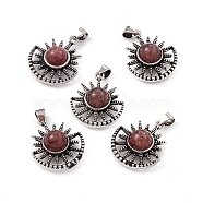 Natural Strawberry Quartz Pendants, Sun Charms, with Antique Silver Color Brass Findings, 23x19x8mm, Hole: 4x3.5mm(KK-A173-08AS-02)