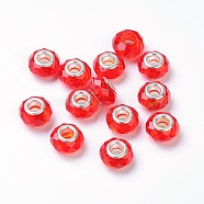 Glass European Beads, Large Hole Beads, Red, Brass Core in Silver Color, about 14mm wide, 9mm long, hole: 5mm(GDA002-47)
