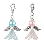 2Pcs 2 Colors Wedding Season Angel Glass Pearl & Acrylic Pendant Decorations, Zinc Alloy Lobster Claw Clasps Charms for Bag Key Chain Ornaments, Mixed Color, 44mm, Pendant: 30x22x16mm, 1pc/color(HJEW-JM01920-1)