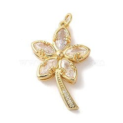 Rack Plating Brass Micro Pave Cubic Zirconia Pendants, with Glass, Long-Lasting Plated, Lead Free & Cadmium Free, Leaf, Golden, Clear, 31x19.5x2mm, Hole: 3mm(KK-U022-13A-G)