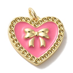 Rack Plating Brass Pendants, with Enamel and Jump Ring, Cadmium Free & Lead Free, Long-Lasting Plated, Real 18K Gold Plated, Heart with Bowknot Charm, Hot Pink, 16.5x18x3mm, Hole: 3mm(KK-U027-24G-01)