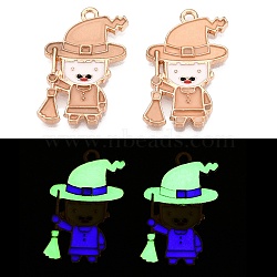 Halloween Theme Rack Plating Luminous Alloy Enamel Pendants, Glow in the Dark, Human with Witch Hat Charm, Golden, 26.5x16.5x2mm, Hole: 1.6mm(ENAM-N056-234G)