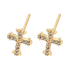 Brass with Micro Pave Cubic Zirconia Stud Earrings, Cross, Cross, 10x7.5mm(EJEW-L211-013G)