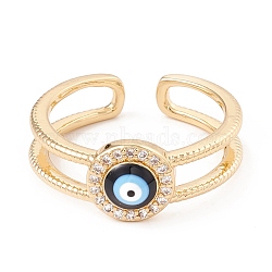 Black Enamel Evil Eye Open Cuff Ring with Clear Cubic Zirconia, Brass Jewelry for Women, Lead Free & Cadmium Free, Real 18K Gold Plated, US Size 7 1/4(17.5mm)(KK-E005-12G)