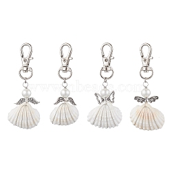 4Pcs 4 Styles Angel Alloy & Wire Wrapped Natural Shell Pendant Decorations, Swivel Clasps Charms for Bag Ornaments, Antique Silver & Platinum, 70.5~73mm, 1pc/style(HJEW-JM02017)