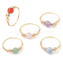 Round Natural Quartz Crystal & Rose Quartz & Green Aventurine & Amethyst & Carnelian Finger Rings, Copper Wire Wrapped Rings for Women, Inner Diameter: 19mm(RJEW-JR00819)