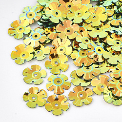 Ornament Accessories, PVC Plastic Paillette/Sequins Beads, Flower, Goldenrod, 9~9.5x9~9.5x1mm, Hole: 1mm, about 20000pcs/500g(PVC-S033-09B)