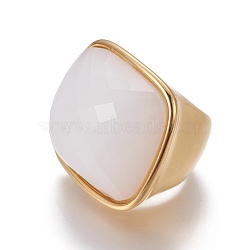 Ion Plating(IP) 304 Stainless Steel Finger Rings, with Faceted Glass, Golden, Creamy White, Size 6~9, 16~19mm(RJEW-E157-35G-02)