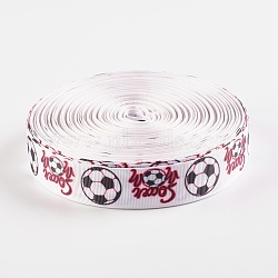 Single Face Word Soccer with Football Printed Polyester Grosgrain Ribbons, White, 1 inch(25mm), 0.4mm(SRIB-P019-05)