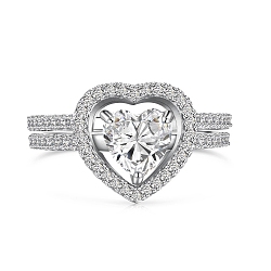Anti-Tarnish Rhodium Plated 925 Sterling Silver Double Rings Set, Heart Cubic Zirconia Ring for Women, Clear, 11.5mm, Inner Diameter: 17.2mm(RJEW-Z040-17P-B)