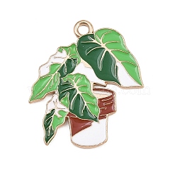Alloy Enamel Pendants, Plants Charms, Light Gold, Green, 28.5x24.5x1.5mm, Hole: 2mm(AL-CBA805A-01C)