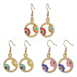 Glass Beaded Flat Round with Evil Eye Dangle Earrings, 304 Stainless Steel Earrings, Mixed Color, 42.5x20mm(EJEW-MZ00115)