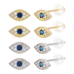 4 Pairs 2 Colors Blue Cubic Zirconia Evil Eye Tiny Stud Earrings, 925 Sterling Silver Jewelry for Women, Mixed Color, 4x7mm, Pin: 0.7mm, 2pairs/color(EJEW-NB0001-10)
