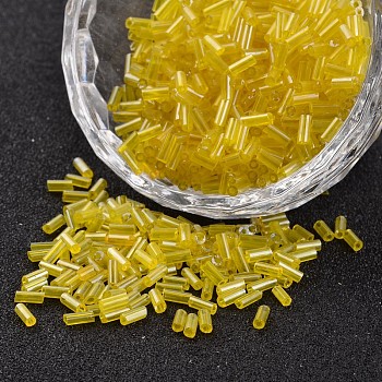 Transparent Colours Pearl Luster Plated Round Hole Glass Bugle Beads, Yellow, 2~5x1.8~2mm, Hole: 0.8mm, about 12000pcs/450g