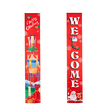Polyester Hanging Sign for Home Office Front Door Porch Welcome Christmas Decorations, Rectangle with Word Welcome, Red, 180x30cm, 2pcs/set
