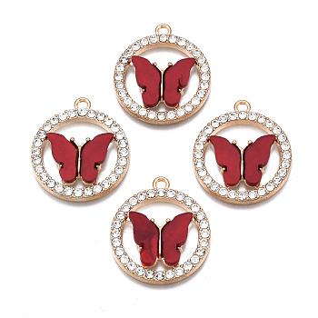 Alloy Rhinestone Pendants, with Acrylic, Cadmium Free & Lead Free, Ring with Butterfly, Light Gold, Red, 24.5x22x3.5mm, Hole: 1.6mm