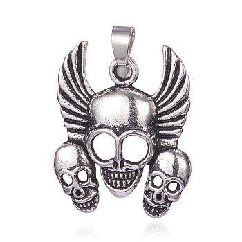 Tibetan Style Alloy Pendants, Skull with Wing, Antique Silver, 33.5x27x4.5mm, Hole: 4x5mm