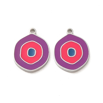 304 Stainless Steel Pendants,  with Enamel, Flat Round Charm, Stainless Steel Color, Medium Orchid, 17x13x1.4mm, Hole: 1.4mm