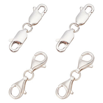 4Pcs 2 Style Double 925 Sterling Silver Lobster Claw Clasps Sets, Silver, 20~22x5.5~6x2.5~3mm, Inner Diameter: 3x2~3mm, 2Pcs/style