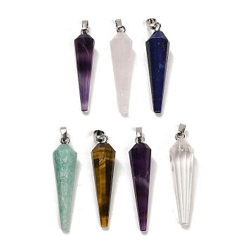 Natural Mixed Stone Pointed Pendants, Faceted Cone Charms with Platinum Plated Barss Snap on Bails, 35~35.5x8~8.5mm, Hole: 6.5x4mm